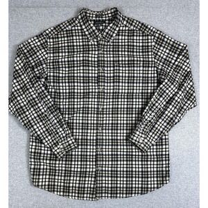 Eddie Bauer Flannel Shirt Mens XLT Beige Navy Plaid‎ Relaxed Fit Button Down